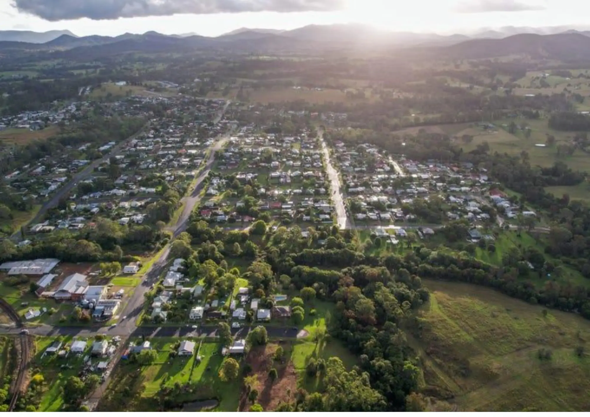 Aerial photograph over the town of Wingham in the Manning Valley at first light